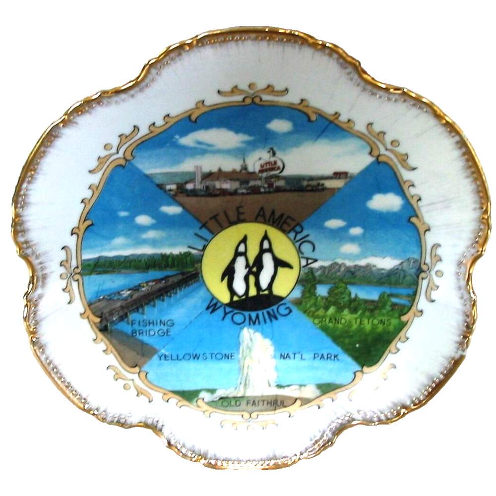 Vintage Wyoming Souvenir Plate Hexagon Little America, Grand Tetons, Yellowstone